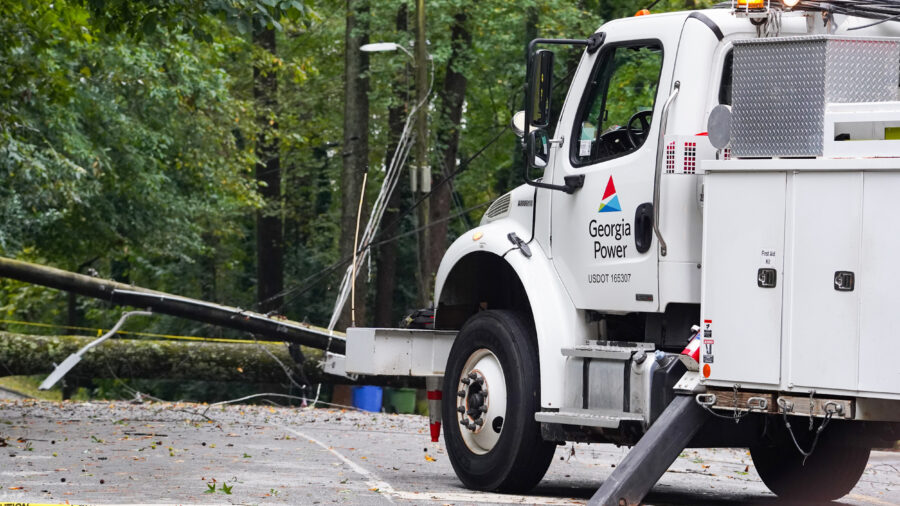Georgia Power responds to a fallen utility pole in Atlanta on Sept. 27, 2024, after Hurricane Helene hit the area. Credit: Megan Varner/Getty Images