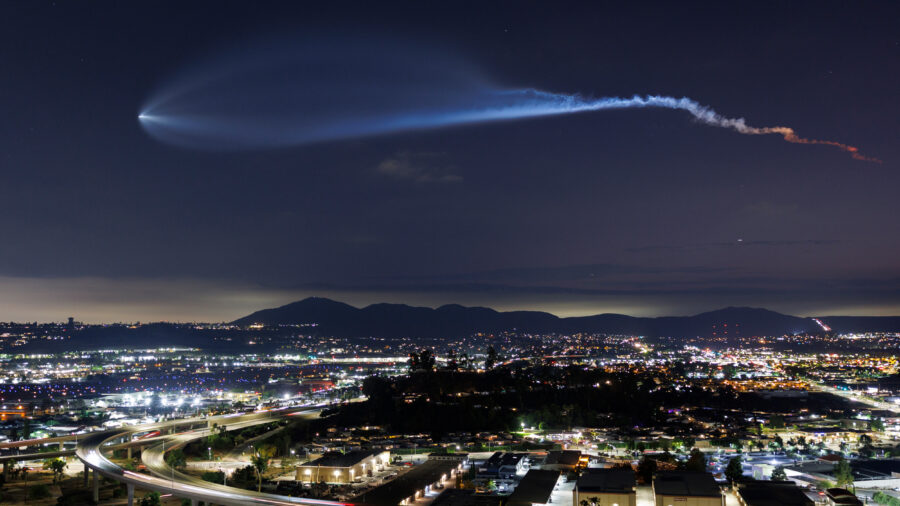 A SpaceX Falcon 9 rocket carrying a payload of 24 Starlink satellites soars over Santee, Calif., after launching from Vandenberg Space Force Base on July 18, 2025. Credit: Kevin Carter/Getty Images