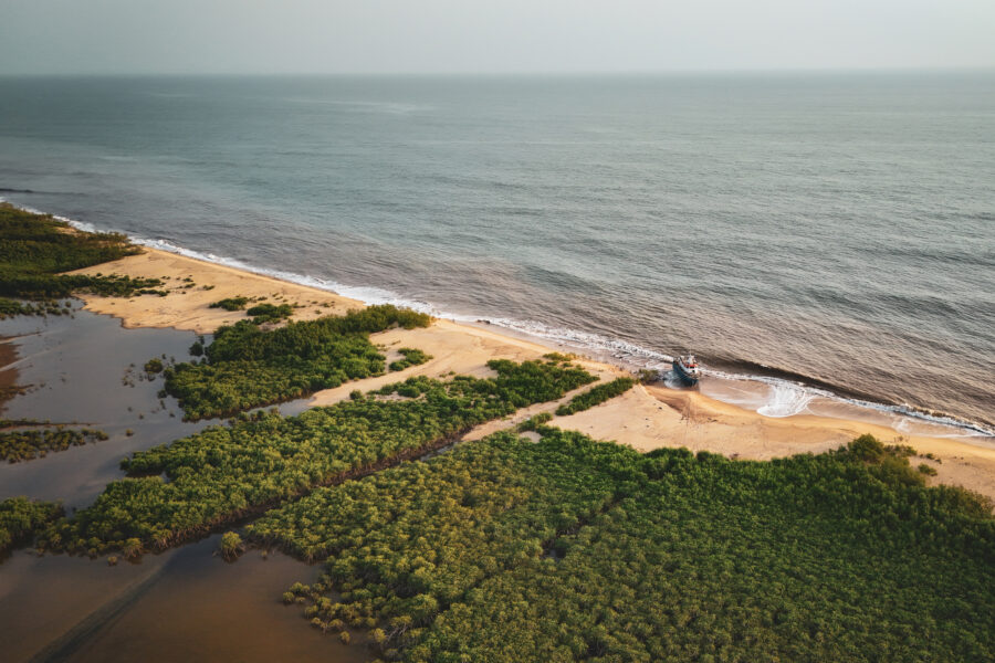A shrinking mangrove forest is seen at the edge of the Freetown Peninsula coastline in Sierra Leone on April 12. Credit: Gemma Bonfiglioli/AFP via Getty Images