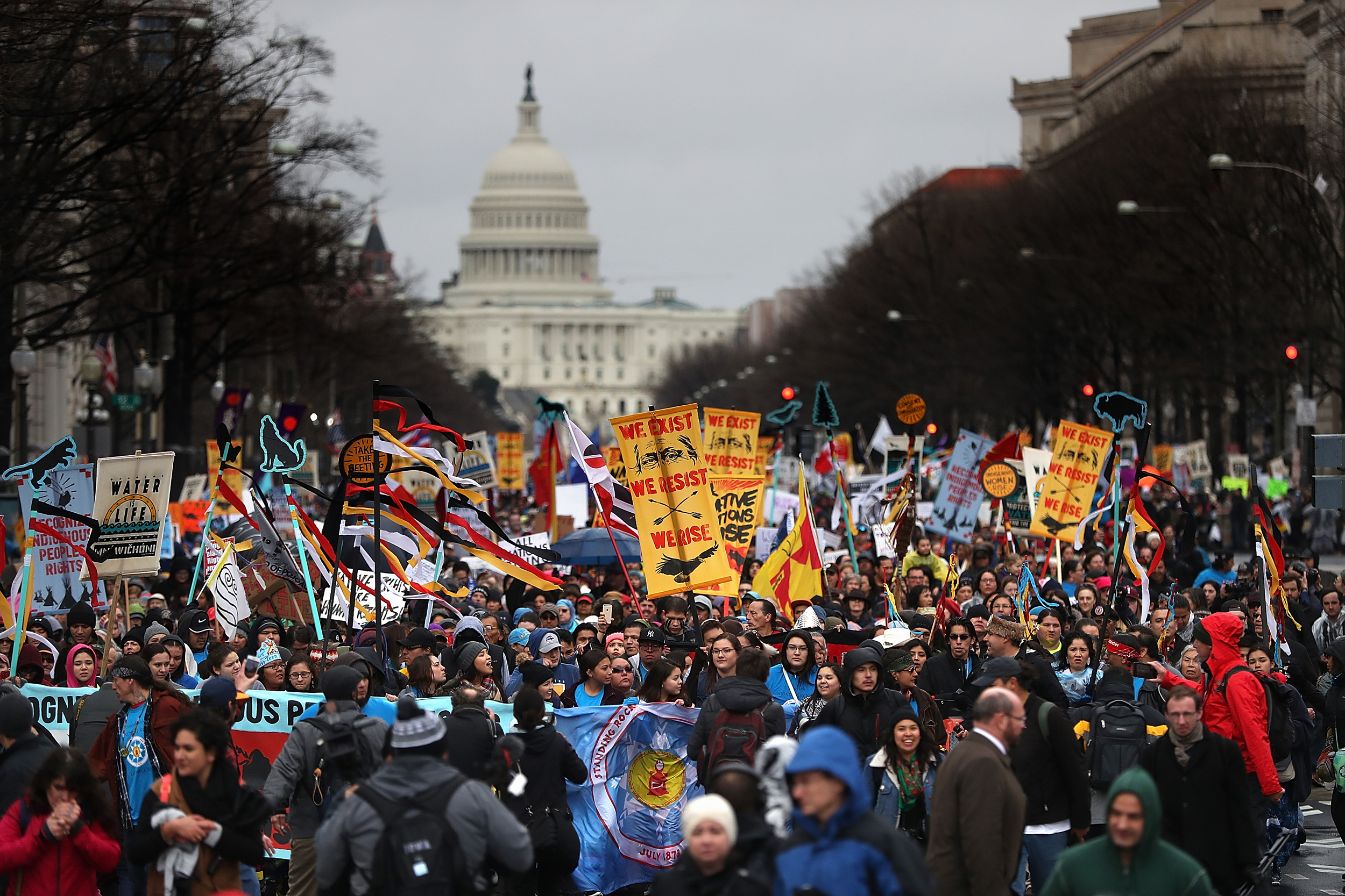 Protesters march during a demonstration against the Energy Transfer’s Dakota Access Pipeline on March 10, 2017 in Washington, D.C. Credit: Justin Sullivan/Getty Images
