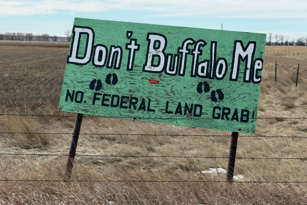 A sign that reads “Don't Buffalo Me” is displayed by Montana cattle ranchers opposed to bison grazing on federal land. Credit: Blaine Harden/Inside Climate News