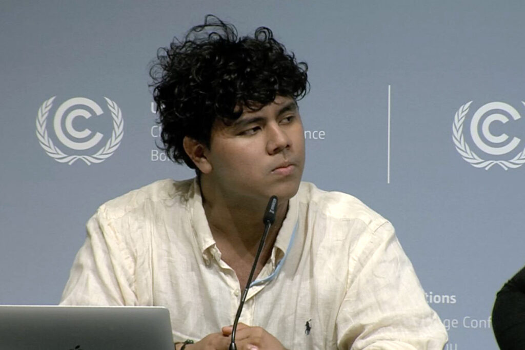 Colombian environmental activist Juan David Amaya speaks about fracking at the United Nations headquarters in Bonn, Germany, earlier this month. Credit: UNFCCC