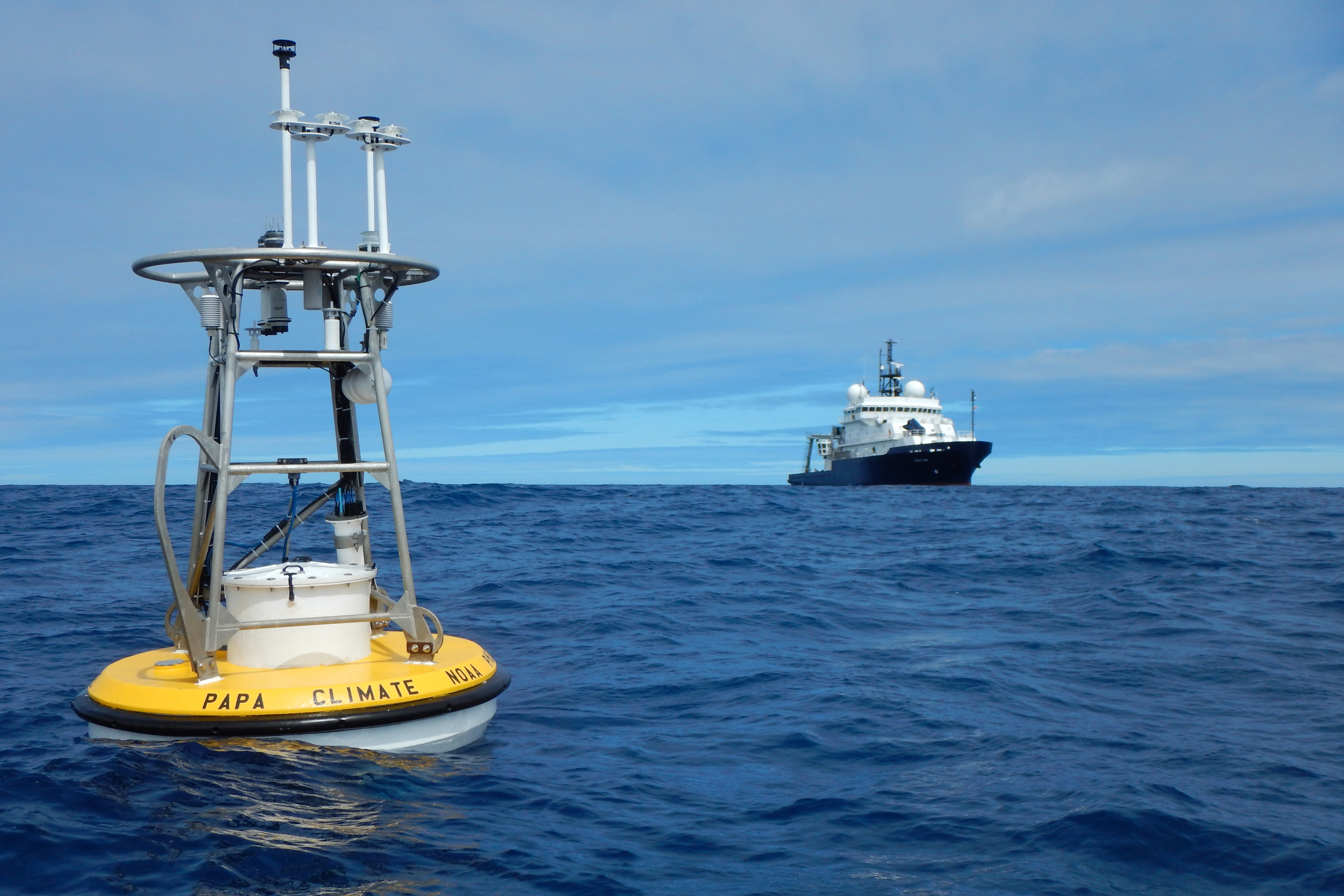 An Ocean Station Papa buoy floats in the waters of the Gulf of Alaska. Credit: NOAA
