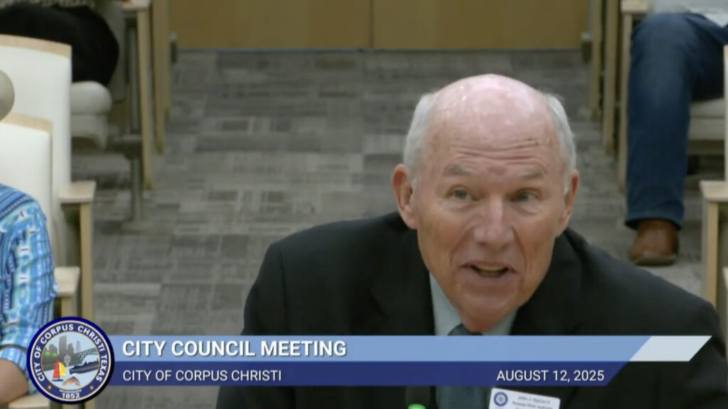 John Byrum presents his plans for the Harbor Island project to the Corpus Christi City Council on Aug. 12, 2025. Screenshot: City of Corpus Christi