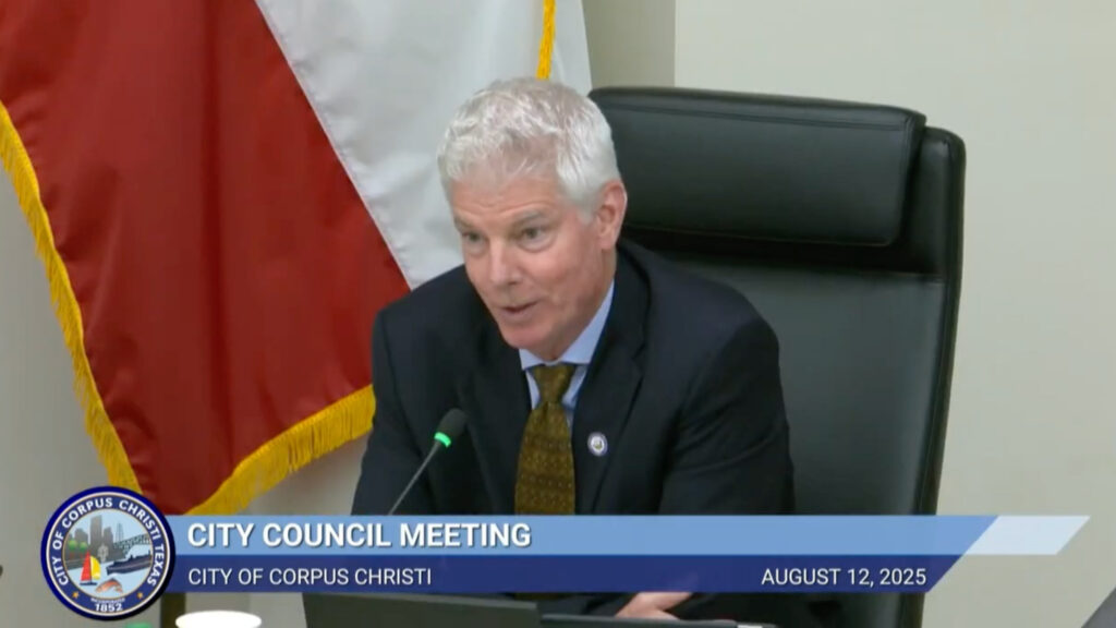 Corpus Christi City Councilmember Mark Scott questions John Byrum about the Harbor Island desalination project on Aug. 12, 2025. Screenshot: City of Corpus Christi