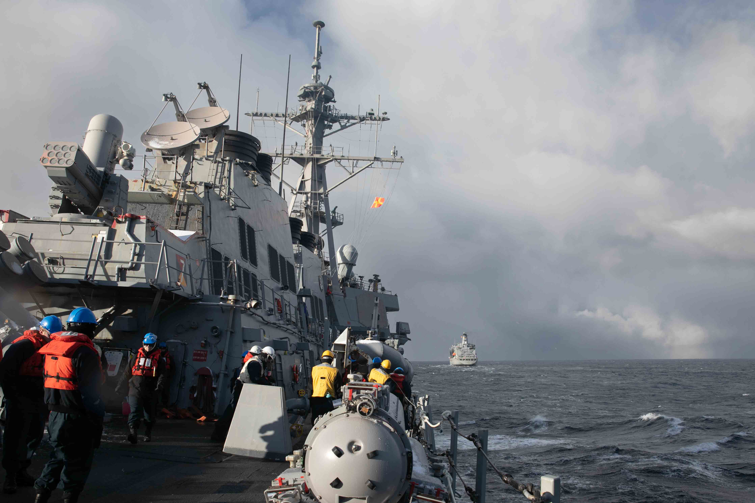 Sailors work aboard the Arleigh Burke-class destroyer USS Arleigh Burke (DDG-51) on March 10, 2023. Credit: Almagissel Schuring/U.S. Navy