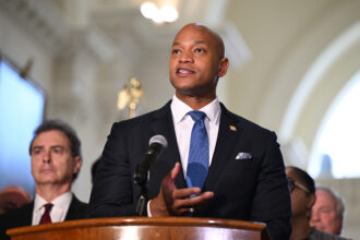 Gov. Wes Moore speaks during a press conference announcing a legislative package to lower energy bills on March 13 at the Maryland State House. Credit: Office of the Maryland Governor
