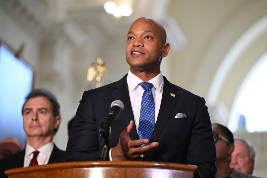 Gov. Wes Moore speaks during a press conference announcing a legislative package to lower energy bills on March 13 at the Maryland State House. Credit: Office of the Maryland Governor