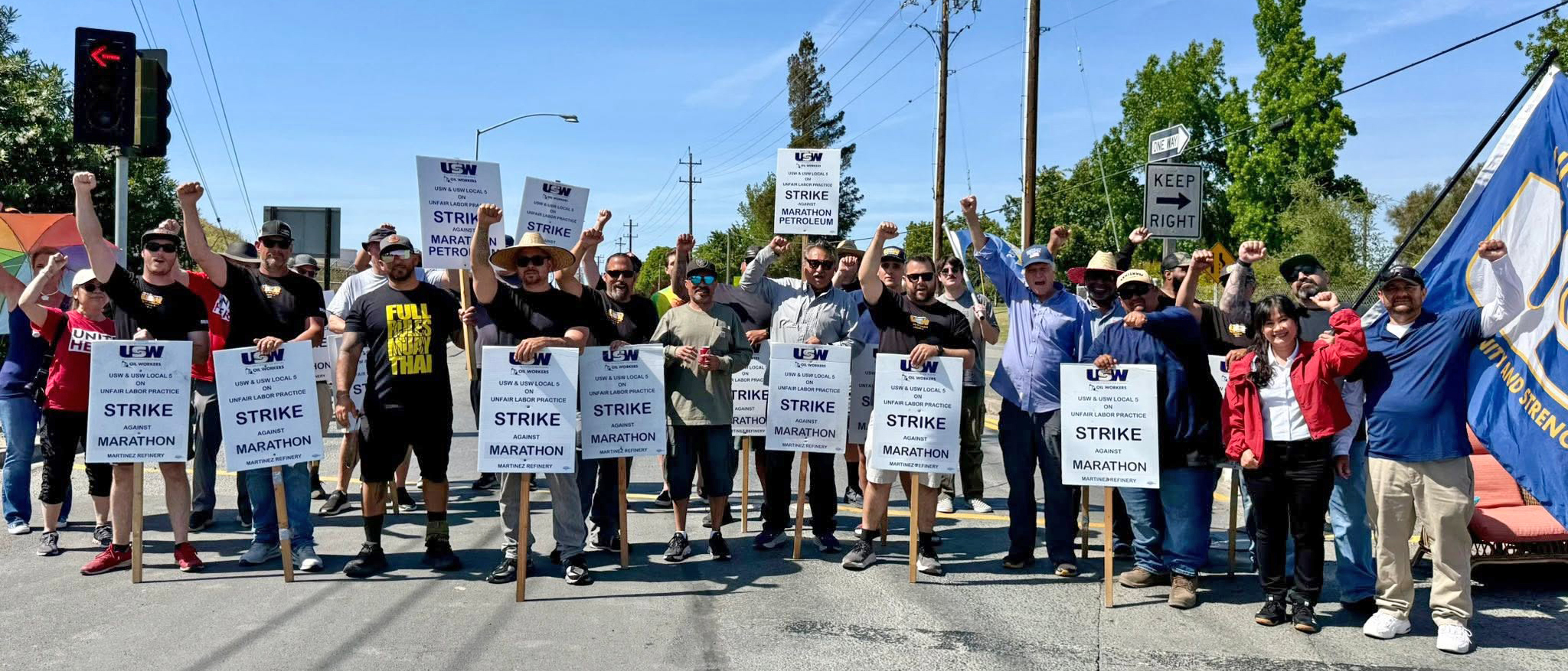 Refinery workers strike outside Marathon’s Martinez Renewables in May. Credit: Courtesy of USW Local 5