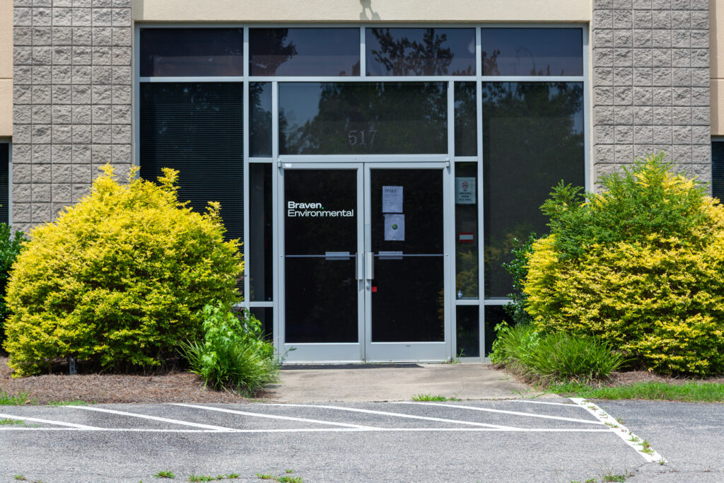 The entrance to Braven Environmental’s shuttered pyrolysis plant in Zebulon, N.C. Credit: Lisa Sorg/Inside Climate News