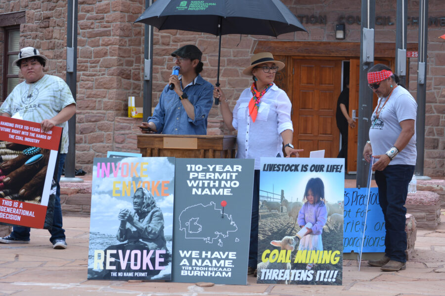 Joni Lapahie and Dáilan Long, residents of the Burnham Chapter community on the Navajo Nation, speak at a press conference against a proposed coal mine expansion near their homes on July 20 at Window Rock, Ariz. Credit: Wyatt Myskow/Inside Climate News