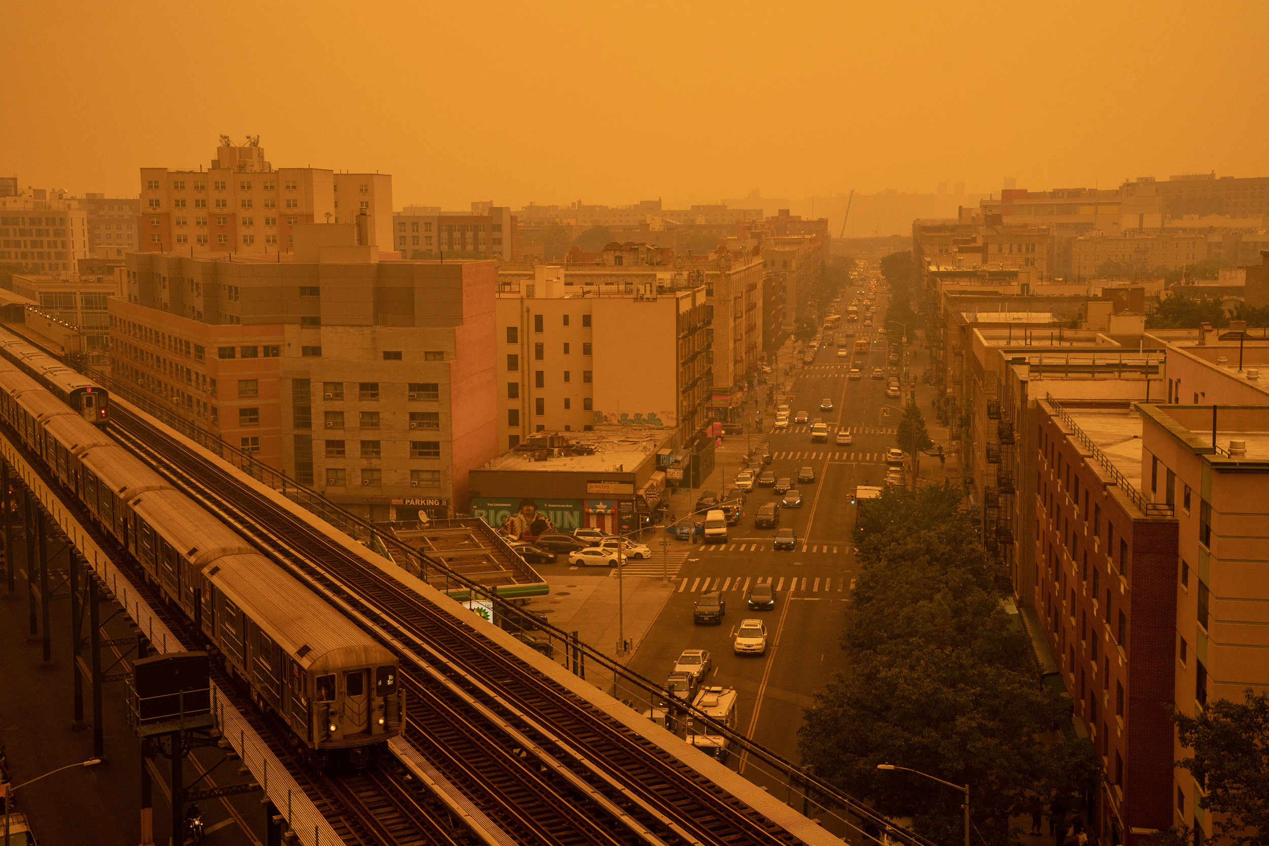 Smoke from wildfires in Canada blankets the Bronx borough of New York City on June 7, 2023. Credit: David Dee Delgado/Getty Images
