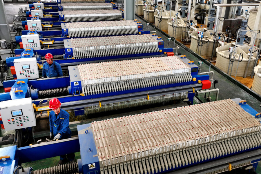 Workers at an EV battery recycling plant on May 16, 2023, in Weinan, China. Credit: VCG via Getty Images