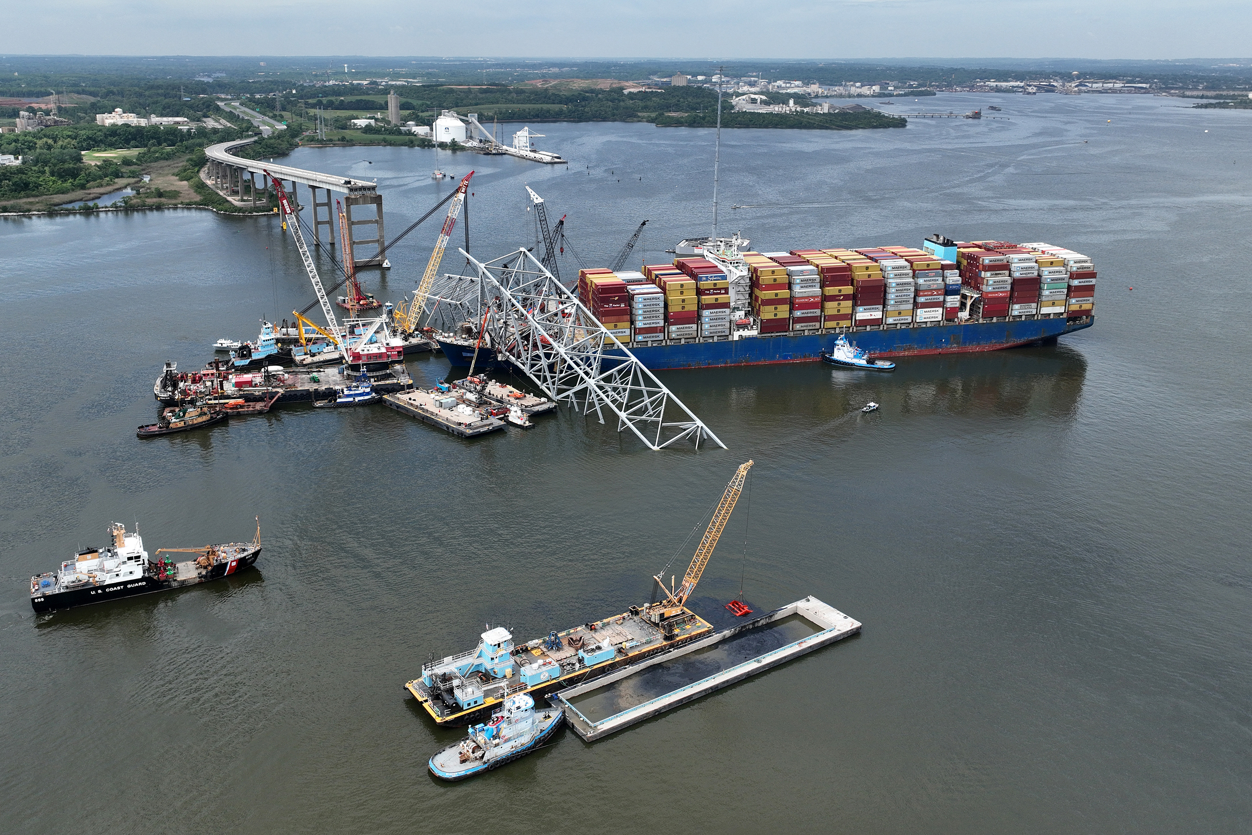 Crews continue to remove wreckage six weeks after a cargo ship collided with the Francis Scott Key Bridge on March 26 in Baltimore. Credit: Chip Somodevilla/Getty Images