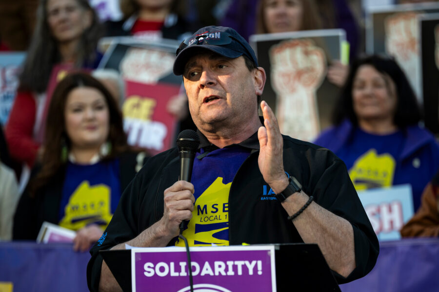 Troy Jackson speaks during a May Day rally organized by local unions on May 1 outside City Hall in Portland, Maine. Credit: Graeme Sloan/Getty Images