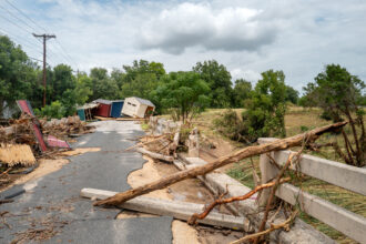 The aftermath of flash flooding on the banks of the Guadalupe River is seen on Friday in Kerrville, Texas. Credit: Brandon Bell/Getty Images