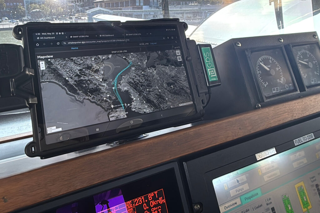 When the WhaleSpotter system detects a whale, the San Francisco Bay ferry issues an audio alert as well as a mapped ping on one of the ship’s monitors. Credit: Courtesy of San Francisco Bay Ferry