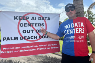 Ben Brown participates in a rally opposing a hyperscale AI data center proposed in western Palm Beach County on June 27. Credit: Kate Waxman/Inside Climate News