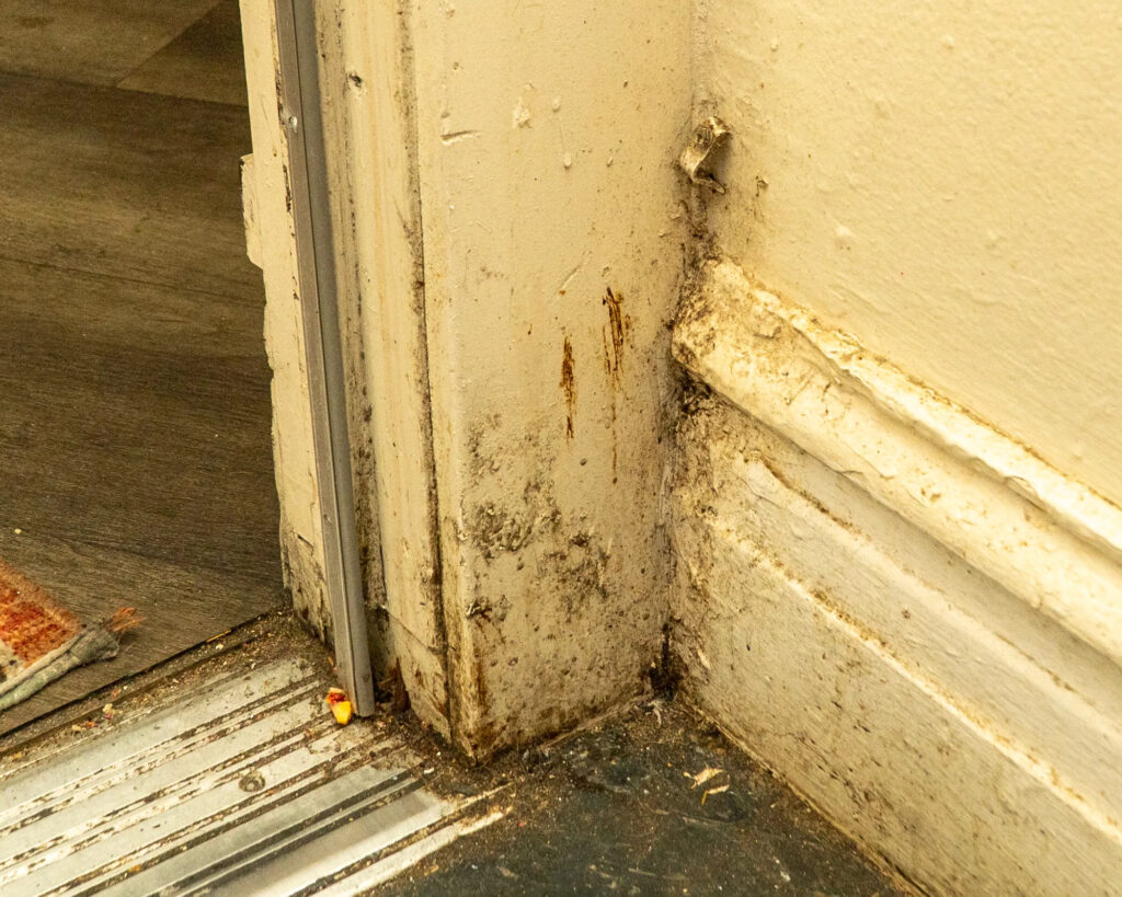 Mold grows and paint peels around the door frame of Shirley Jackson’s SRO in the Seneca Hotel. Jackson said her landlord typically paints over mold without removing it. Credit: Neal Wong/San Francisco Public Press
