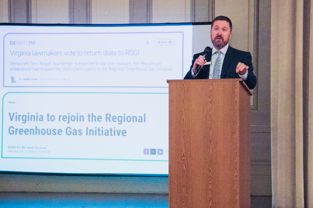 Nate Benforado, a senior attorney at the Southern Environmental Law Center, speaks at a ceremony on Virginia rejoining the RGGI. Credit: Phuong Tran/SELC