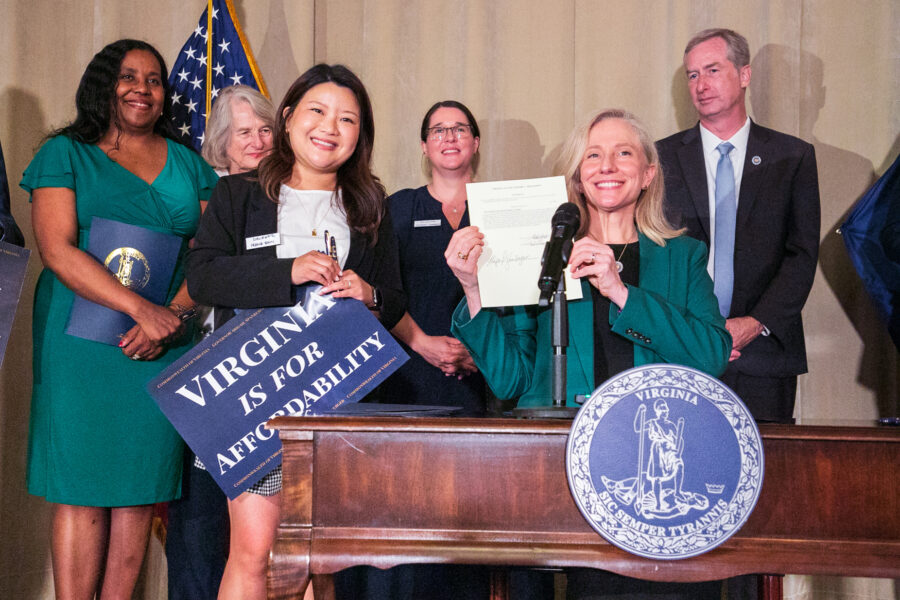 Virginia Delegate Irine Shin (left) stands with Gov. Abigail Spanberger during a RGGI bill signing event in Richmond on June 30. Credit: Phuong Tran/SELC
