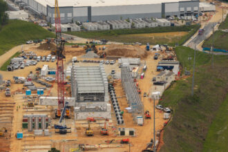 An aerial view of the VoltaGrid construction site next to the Severfarm data center in Covington, Ga. Credit: Michael A. Schwarz/SELC