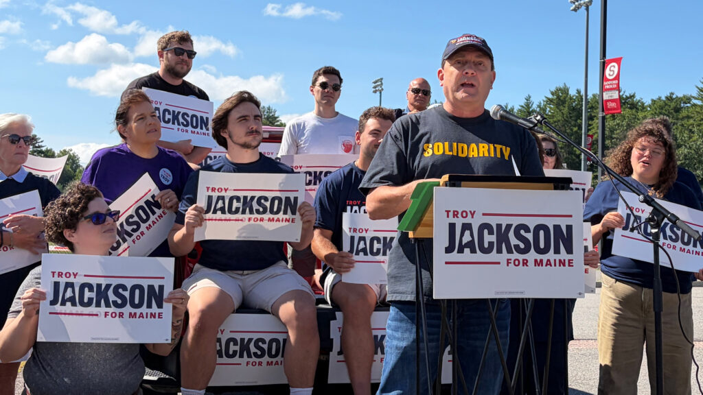 Troy Jackson speaks in front of supporters outside the York County Democratic Party election of delegates on July 18. Credit: Nathaniel Eisen/Inside Climate News