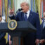 President Donald Trump talks to reporters in the Oval Office on Monday about the energy demands of AI and data centers. Credit: Anna Moneymaker/Getty Images