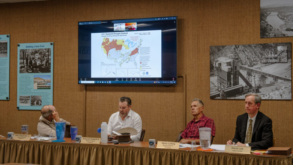 Elephant Butte Irrigation District board members John Clayshulte, Preston Colquitt III, Henry Ludwig and Legal Counsel David Lutz listen to engineering advisor Phil King discuss the drought situation for the Rio Grande at their monthly board meeting in Las Cruces June 10.
