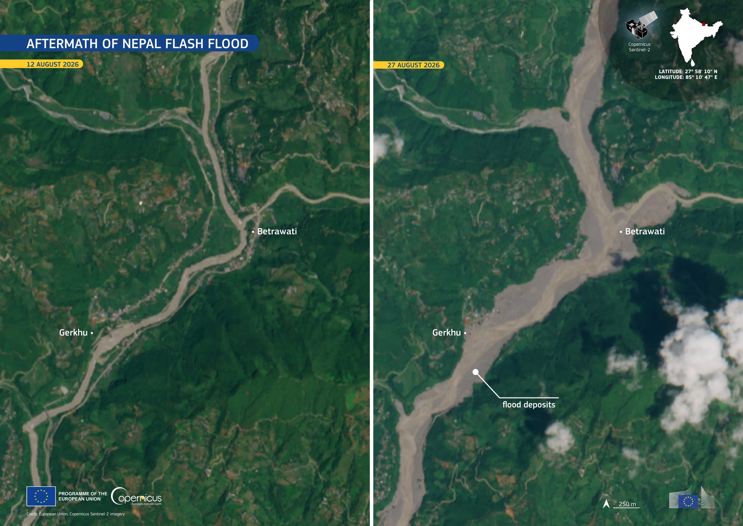 This comparison of images acquired by one of the Copernicus Sentinel-2 satellites shows the area around Betrawati and Gerkhu before and after the flash flood on Wednesday. Credit: European Union/Copernicus Sentinel-2 imagery