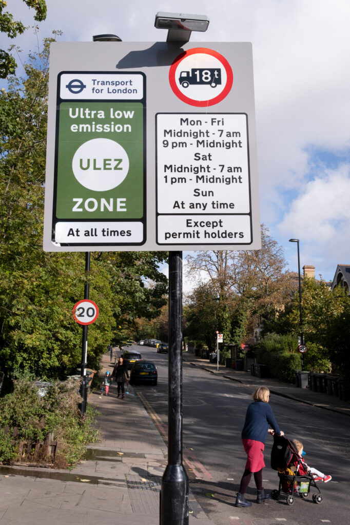A sign indicates a Ultra Low Emissions Zone in the Forest Hill neighborhood of London on Oct. 25, 2021. Credit: Richard Baker/In Pictures via Getty Images