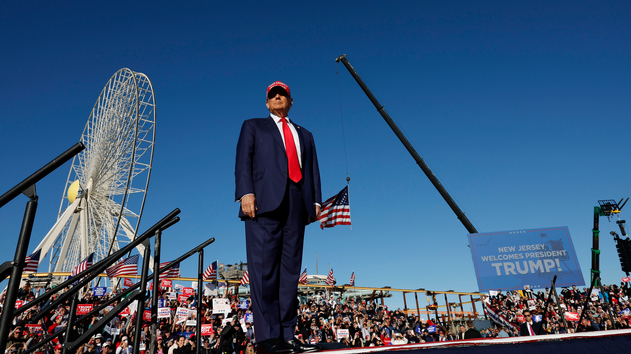 Donald Trump arrives for a campaign rally in Wildwood Beach, N.J., on May 11, 2024. Credit: Michael M. Santiago/Getty Images