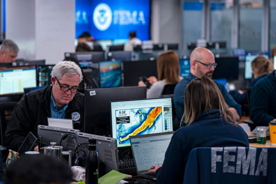 FEMA workers monitor a winter storm in the National Response Coordination Center on Jan. 24 at the agency’s headquarters in Washington, D.C. Credit: Al Drago/Getty Images
