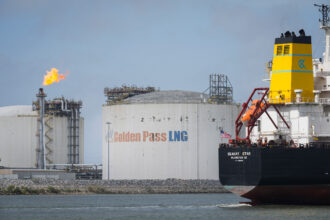 A tanker moves past ExxonMobil and QatarEnergy’s new Golden Pass LNG export terminal in Port Arthur, Texas, on April 2. Credit: Brett Coomer/Houston Chronicle via Getty Images