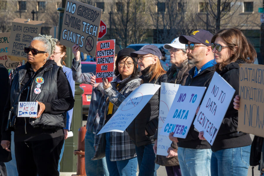 Michigan residents rally against data centers on April 11 in Detroit, one of six protests held across the state. Credit: Jim West/Universal Images Group via Getty Images