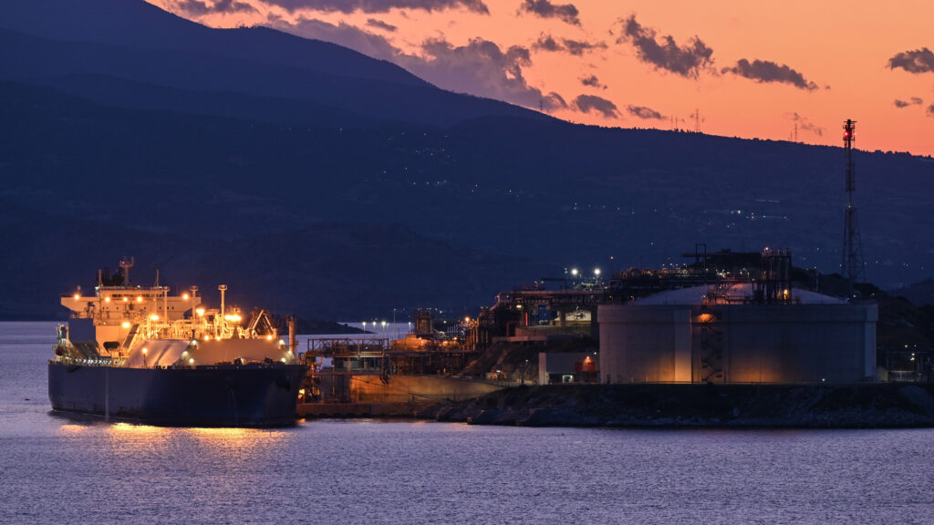 A tanker unloads liquefied natural gas from the Freeport LNG terminal in Texas at the Revithoussa terminal near Athens, Greece, on May 2. Credit: Nicolas Koutsokostas/NurPhoto via Getty Images