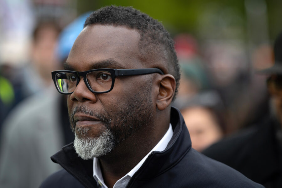 Chicago Mayor Brandon Johnson participates in a May Day march on May 1. Credit: Scott Olson/Getty Images
