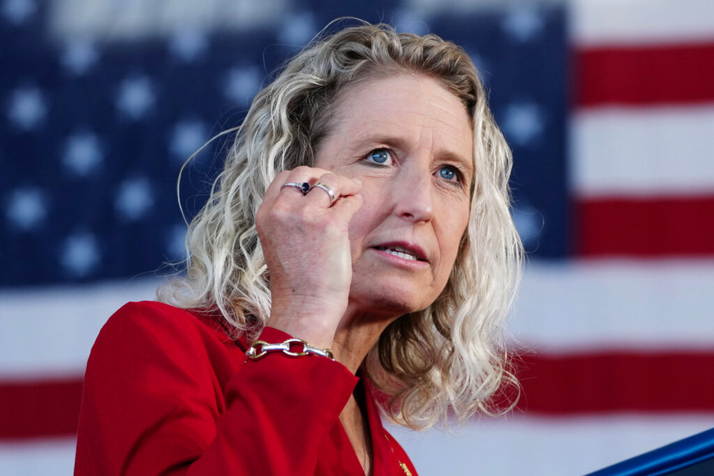 Rep. Jen Kiggans speaks ahead of Vice President JD Vance during an event at the Naval Air Station Oceana on July 1 in Virginia Beach. Credit: Ken Cedeno/Getty Images