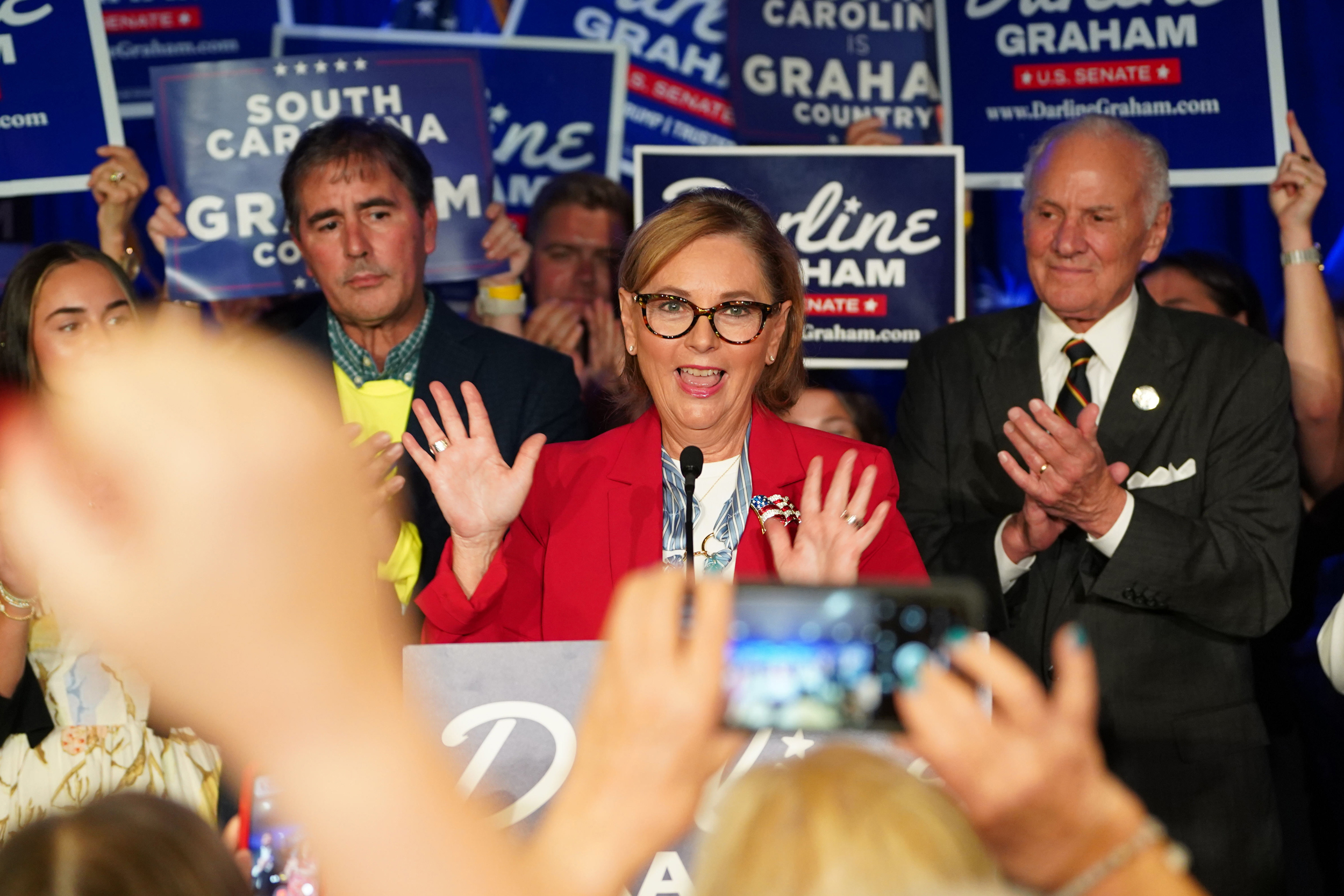 Sen. Darline Graham (R-S.C.) celebrates her primary win against Rep. Ralph Norman on Aug. 25 in Columbia, S.C. Credit: Megan Varner/Getty Images