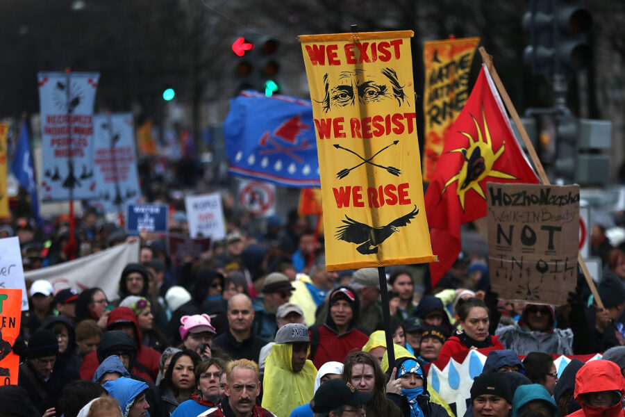 People march during a demonstration against the Dakota Access Pipeline on March 10, 2017, in Washington, D.C. Credit: Justin Sullivan/Getty Images