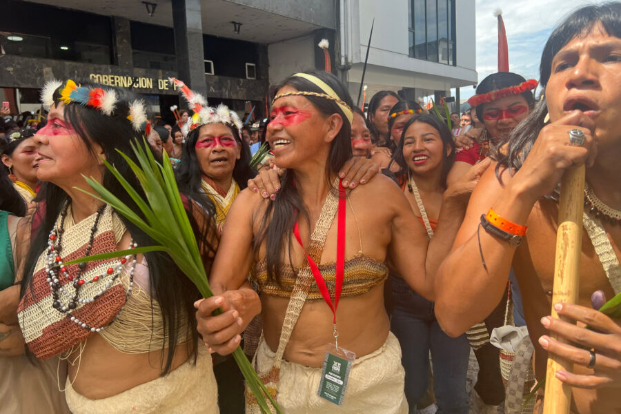 Waorani protesters march through Puyo, Ecuador, on Aug. 21.