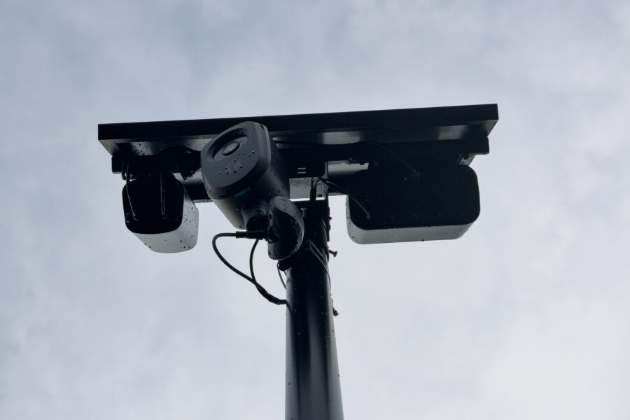 Flock and similar cameras can be attached to utility poles or on standalone poles with solar power. Either way, they're often contracted through Alabama Power. Credit: Lee Hedgepeth/Inside Climate News