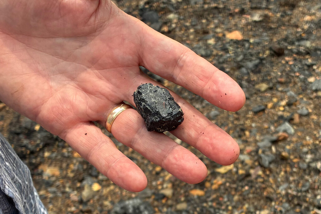 Jim Panaro holds a nugget of quality coal in his hands, plucked from a massive waste coal pile near Windber, Pa. Credit: Kyle Bagenstose/Inside Climate News
