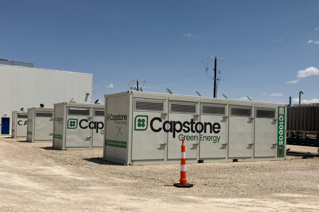 The Texas Pacific Water Resources facility requires 5.5 megawatts of electricity to power the treatment of produced water. Natural gas micro-turbines on site provide 4 megawatts. Credit: Martha Pskowski/Inside Climate News