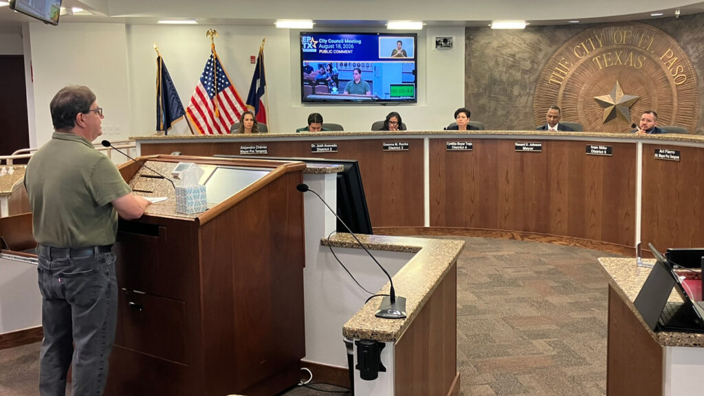 Fred Borrego, president of the San Juan Neighborhood Improvement Association, addresses the El Paso City Council on Tuesday. Borrego urged council members to take action on the refinery. Credit: Martha Pskowski/Inside Climate News