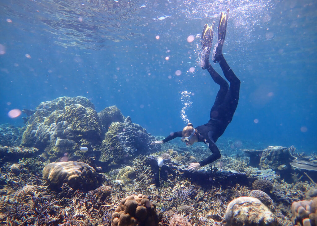 A researcher deploys an audio recorder on a coral reef in Sulawesi, Indonesia. Credit: Tim Lamont