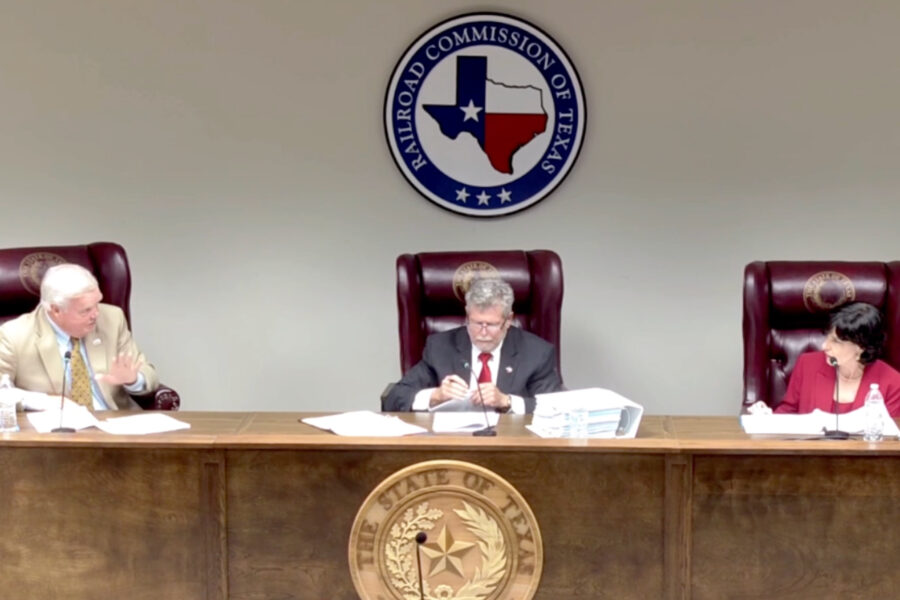 Commissioner Wayne Christian (left) introduces a new public participation policy during the Railroad Commission of Texas meeting on Tuesday. Source: RRC Webcast
