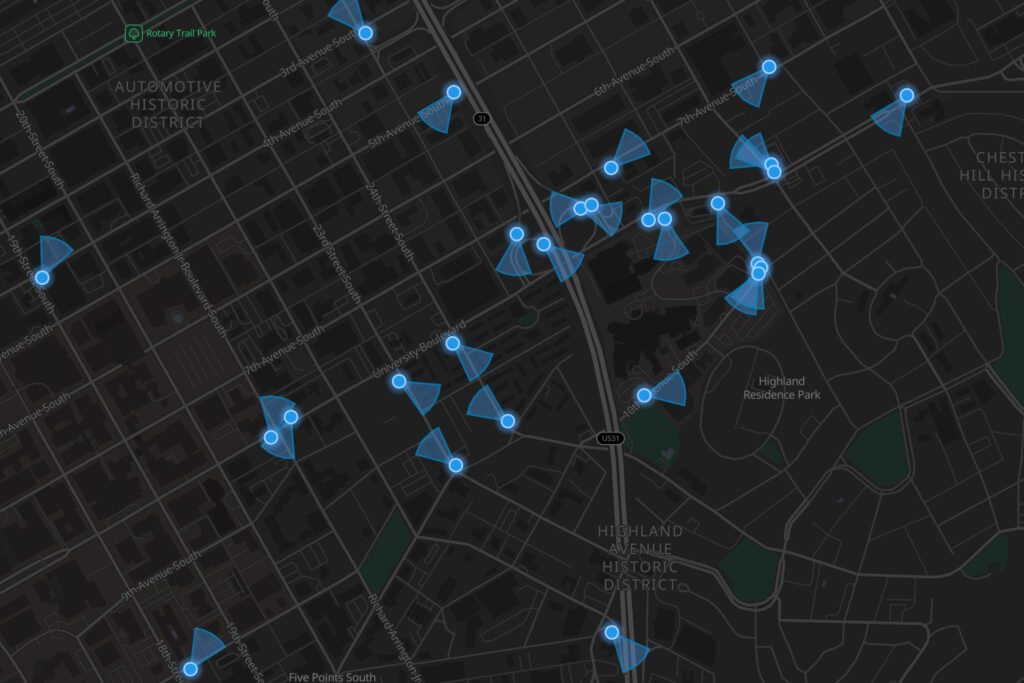The organization DeFlock provides a publicly sourced map of Flock cameras in communities. This image shows Flock cameras in one small area of Birmingham. Credit: Courtesy of DeFlock