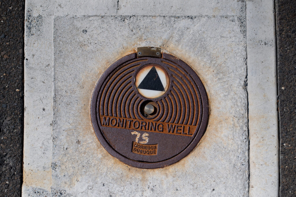 Dozens of monitoring wells have been drilled throughout the Mt. Eyre Manor neighborhood in Upper Makefield Township. Credit: Tracie Van Auken/Inside Climate News
