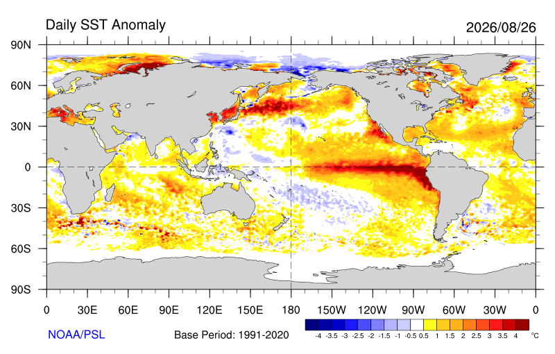 A federal climate map shows that sea surface temperatures in the eastern tropical Pacific Ocean on Wednesday are as much as 7 degrees Fahrenheit above average, as a planet-heating El Niño intensifies in the region. Credit: NOAA/PSL